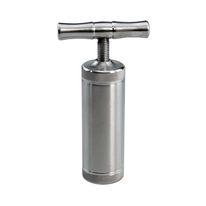Silberne Black Leaf T-Press Pollenpresse aus Edelstahl mit T-förmigem Schraubgriff