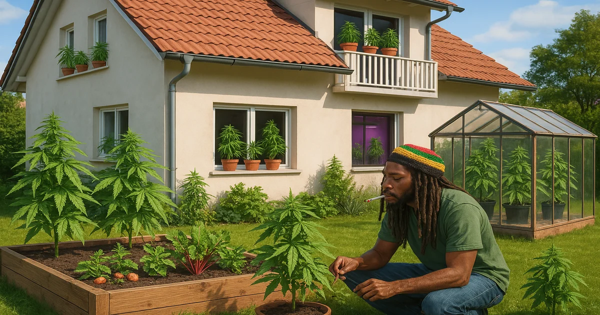 Fotorealistische Szene eines Hanfgartens: Rastafari bei der Gartenarbeit zwischen Hanfpflanzen, Gemüse und Kräutern – mit Blick auf verschiedene legale Anbaumöglichkeiten.