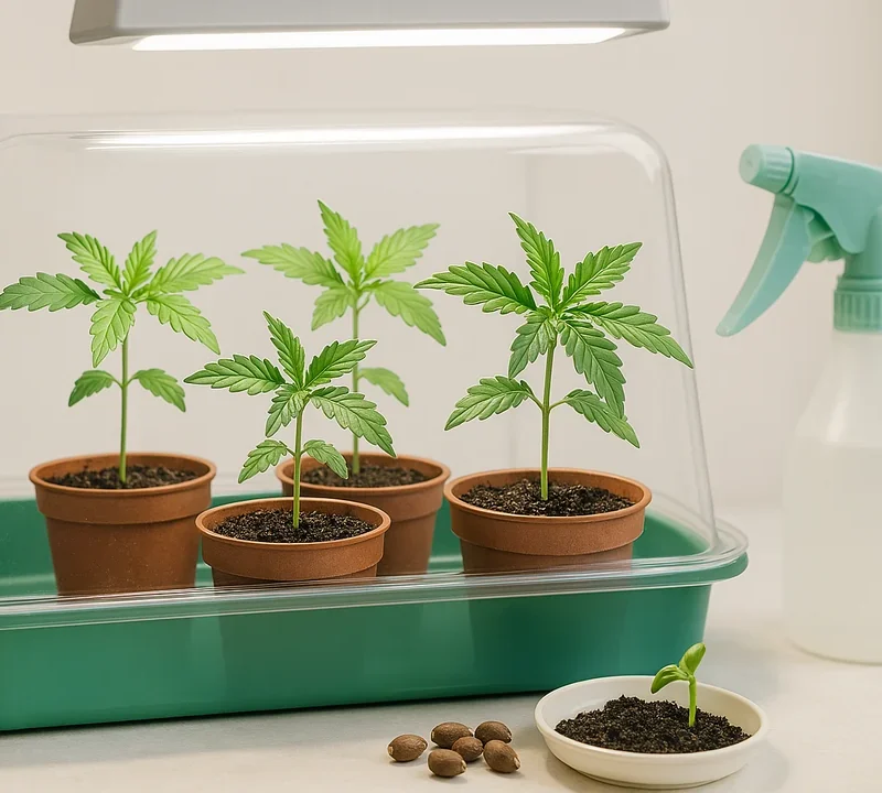 Gesunde Cannabis-Sämlinge mit ersten Blättern in kleinen Anzuchttöpfen im Mini-Gewächshaus