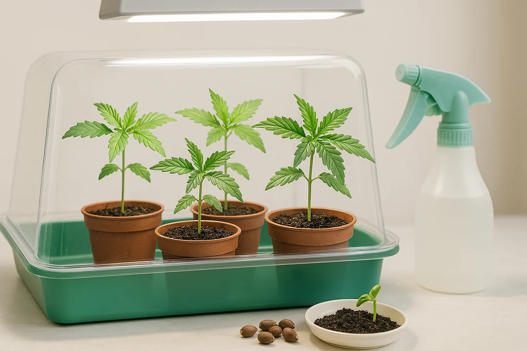 Gesunde Cannabis-Sämlinge mit ersten Blättern in kleinen Anzuchttöpfen im Mini-Gewächshaus