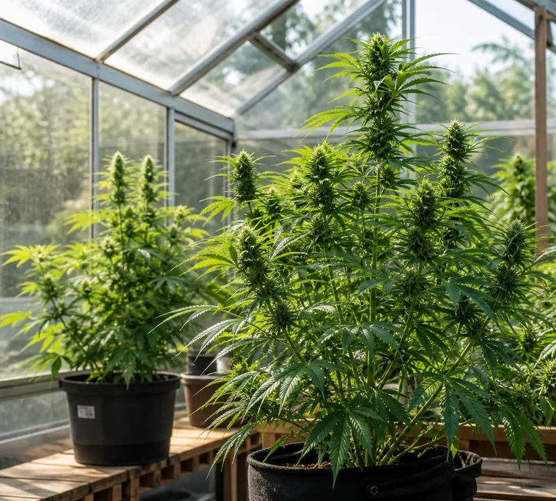 Cannabispflanzen in einem hellen Gewächshaus mit natürlichem Tageslicht