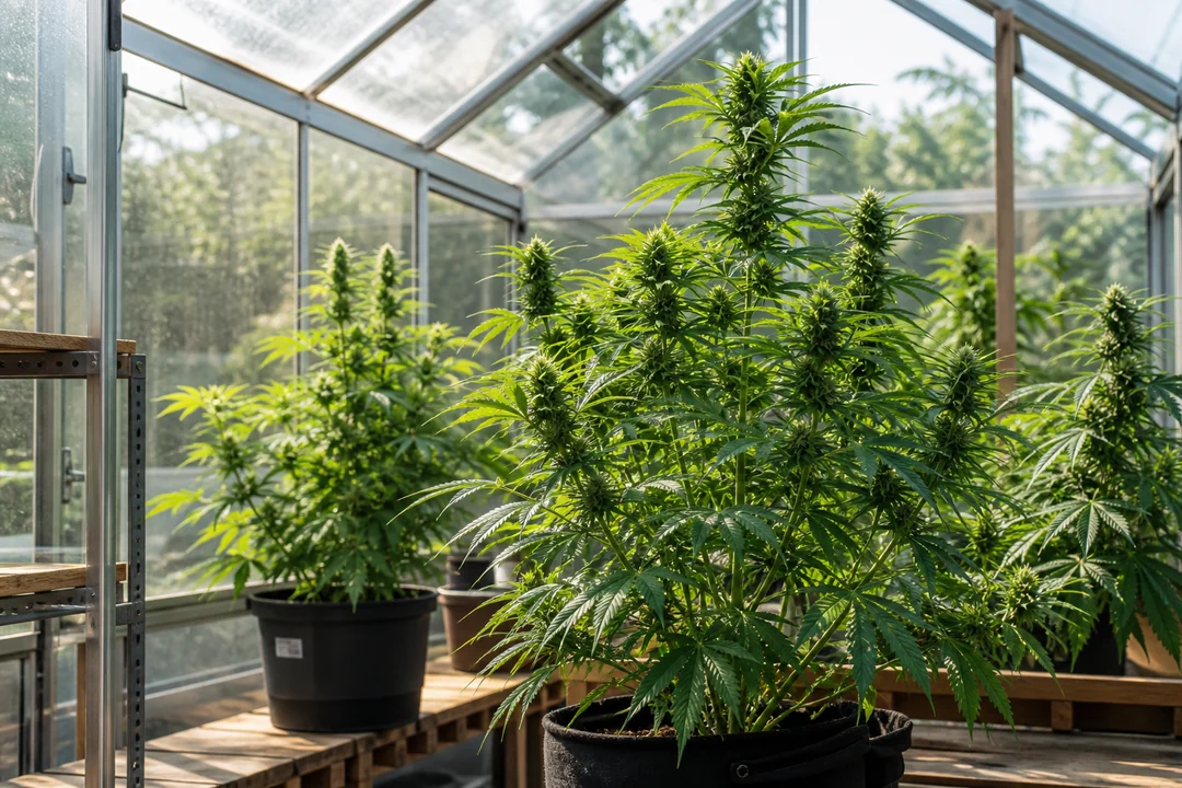 Cannabispflanzen in einem hellen Gewächshaus mit natürlichem Tageslicht