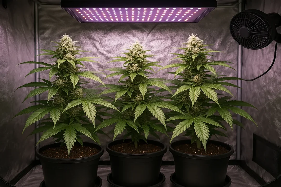 Indoor-Cannabis-Growbox mit drei blühenden Pflanzen unter LED-Licht und Ventilator