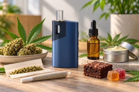 Cannabis-Konsumformen mit blauem Vaporizer, Joint, Cannabisblüten, Ölfläschchen, Brownie, Fruchtgummis und Hautcreme