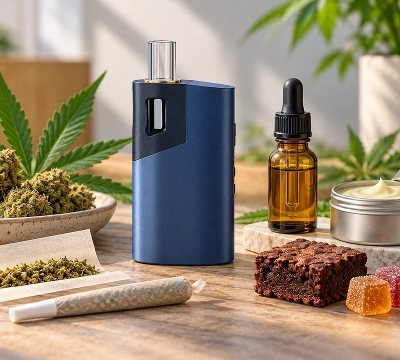 Cannabis-Konsumformen mit blauem Vaporizer, Joint, Cannabisblüten, Ölfläschchen, Brownie, Fruchtgummis und Hautcreme