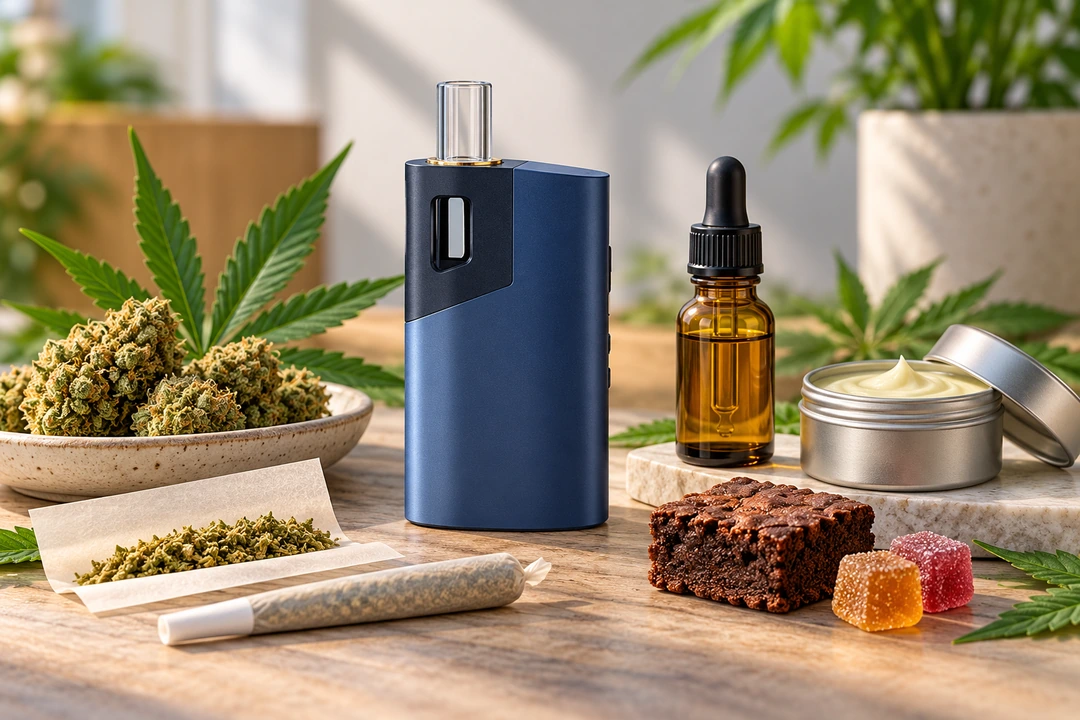 Cannabis-Konsumformen mit blauem Vaporizer, Joint, Cannabisblüten, Ölfläschchen, Brownie, Fruchtgummis und Hautcreme