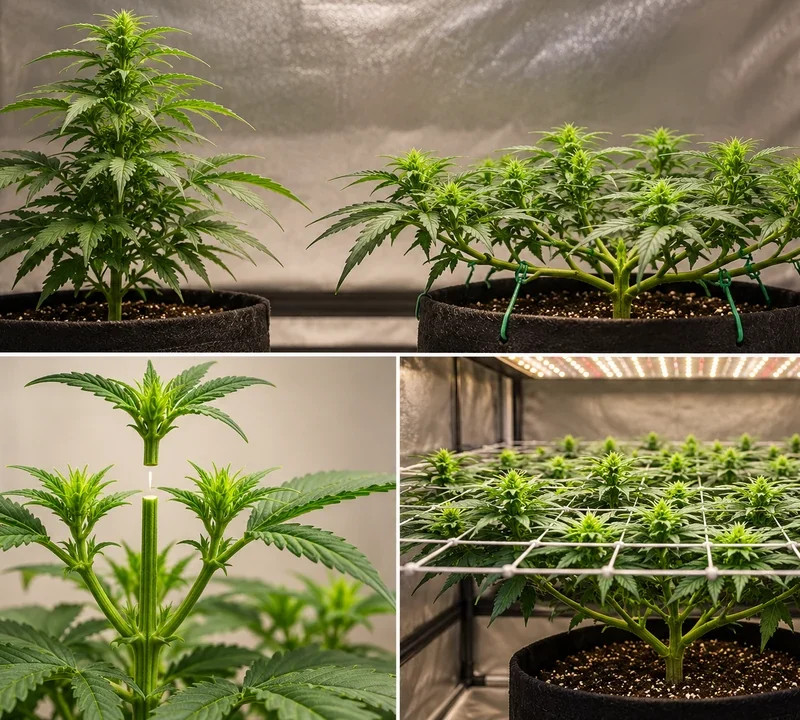 Cannabispflanzen mit LST, Topping und SCROG als verschiedene Methoden des Pflanzentrainings