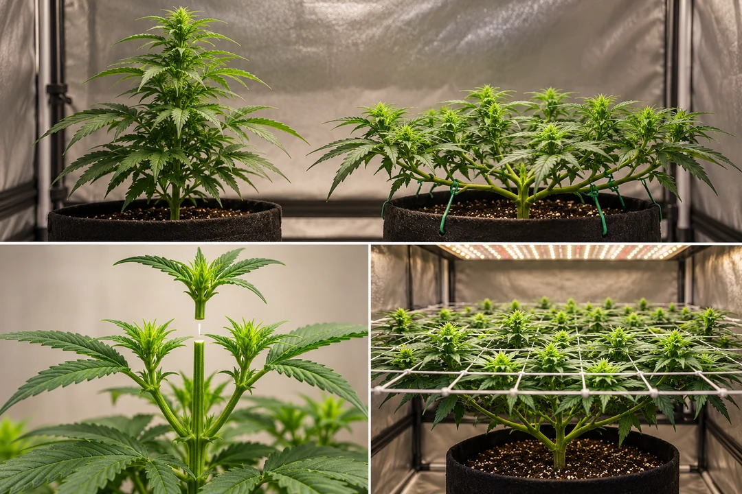 Cannabispflanzen mit LST, Topping und SCROG als verschiedene Methoden des Pflanzentrainings