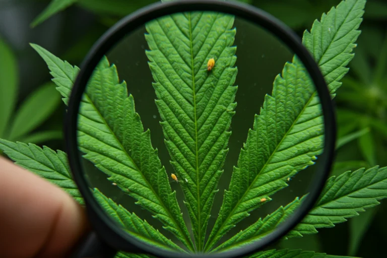 Nahaufnahme: Hand hält Lupe über ein gesundes Cannabis-Blatt mit Blattläusen zur sorgfältigen Inspektion auf Schädlinge oder Krankheiten.