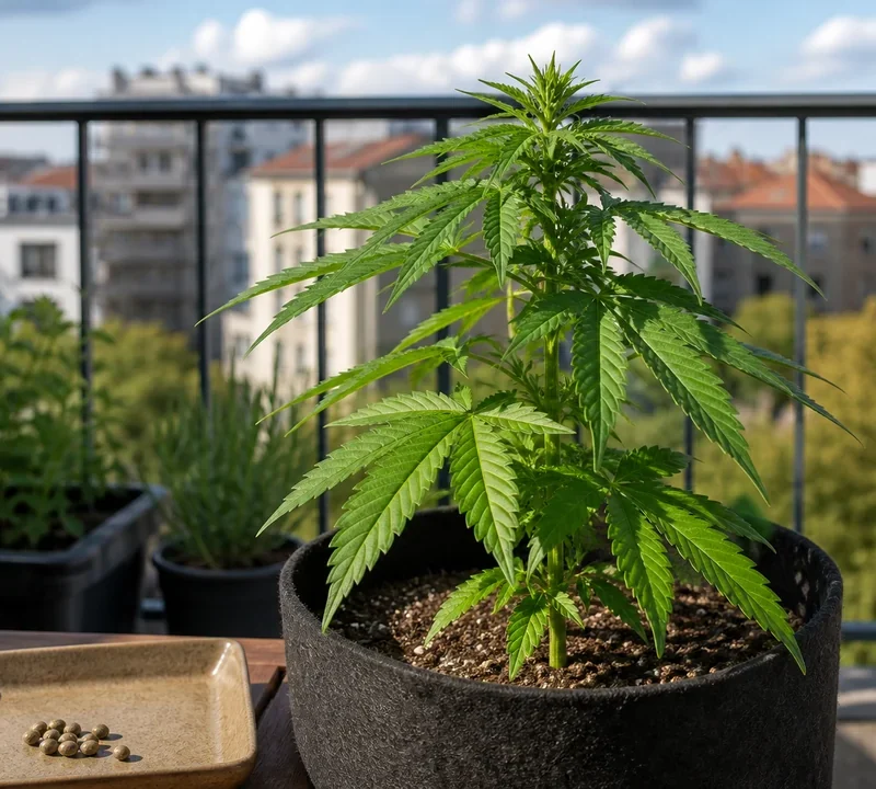 Cannabissamen und junge Cannabispflanzen auf einem Balkon