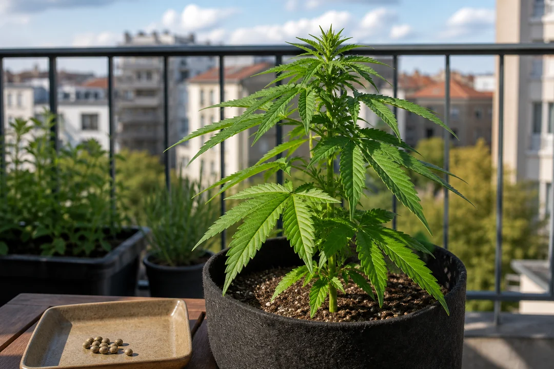 Cannabissamen und junge Cannabispflanzen auf einem Balkon