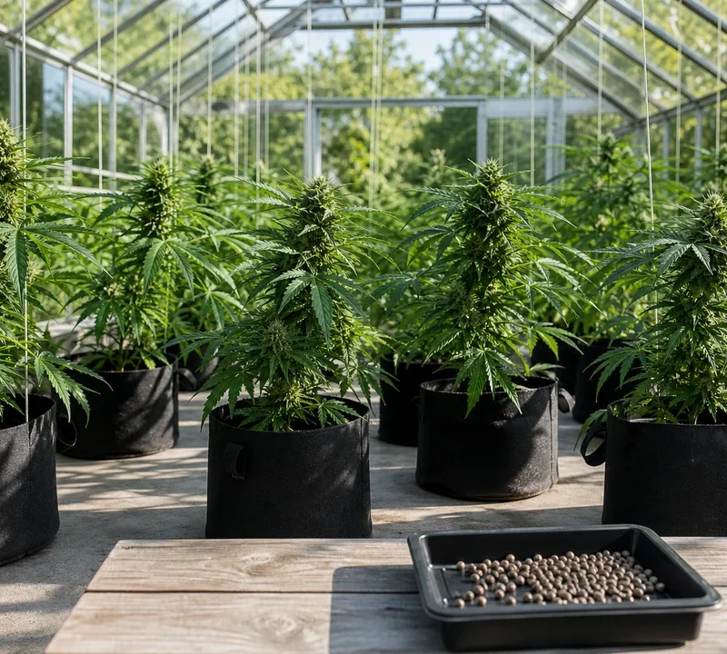 Cannabissamen und junge Cannabispflanzen in einem hellen Gewächshaus