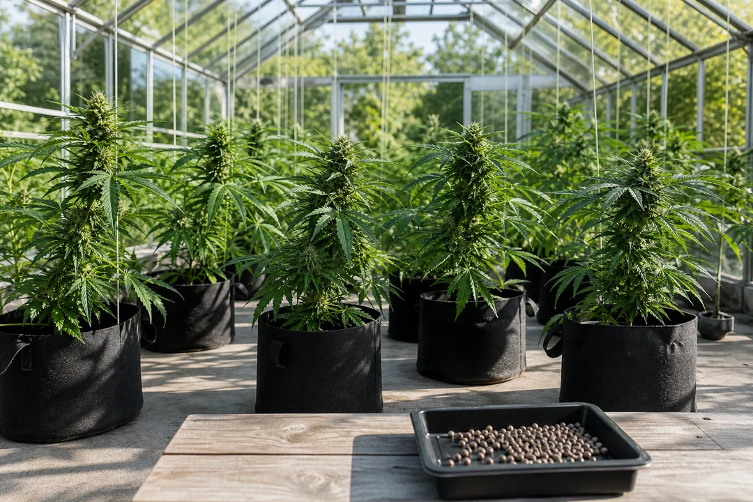 Cannabissamen und junge Cannabispflanzen in einem hellen Gewächshaus