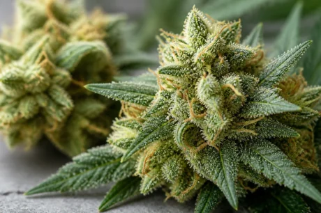 Cannabisblüten mit sichtbaren Terpenen und Trichomen