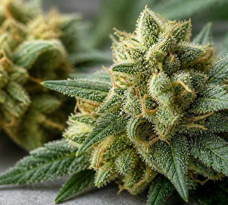 Cannabisblüten mit sichtbaren Terpenen und Trichomen