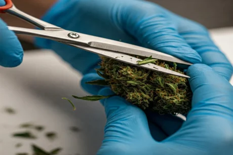 Hände in Handschuhen trimmen sorgfältig Blätter von einer harzigen Cannabisblüte