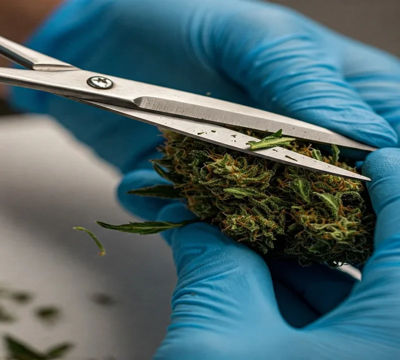 Hände in Handschuhen trimmen sorgfältig Blätter von einer harzigen Cannabisblüte