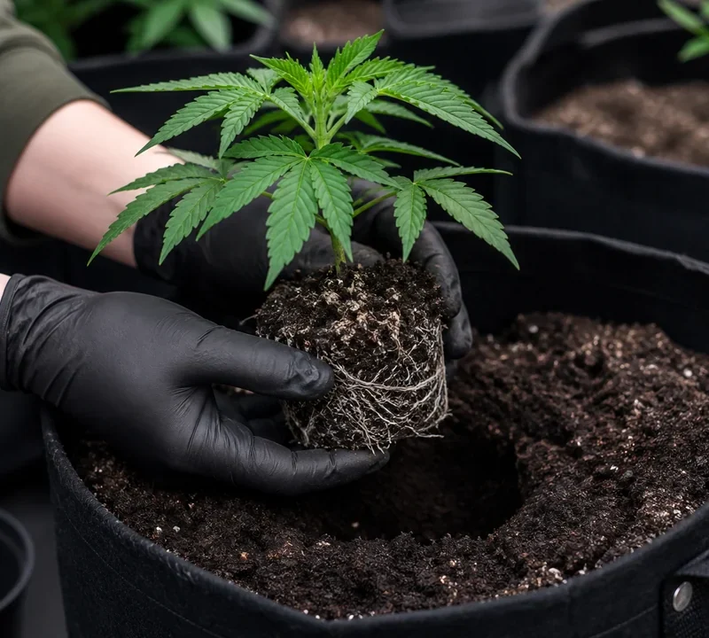 Junge Cannabispflanze beim vorsichtigen Umtopfen in einen größeren Topf