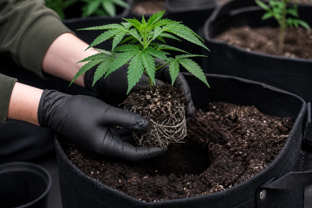 Junge Cannabispflanze beim vorsichtigen Umtopfen in einen größeren Topf
