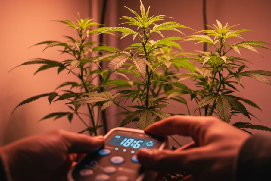 Cannabis-Pflanze in der Wachstumsphase unter LED-Licht, im Vordergrund stellt eine Hand einen 18/6 Lichtzyklus an einem Controller ein.