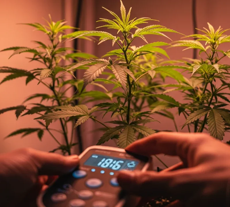Cannabis-Pflanze in der Wachstumsphase unter LED-Licht mit Controller für den 18/6-Lichtzyklus