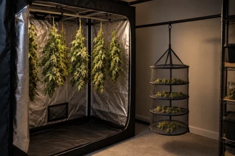 Cannabiszweige hängen kopfüber in einer geöffneten Growbox; daneben liegen getrimmte Blüten auf einem Trockennetz.