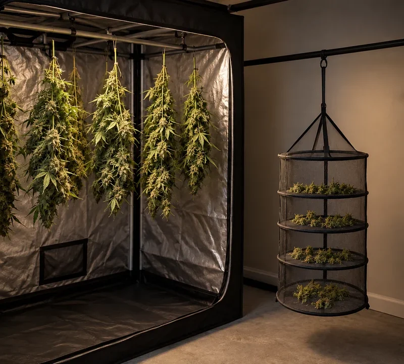 Cannabiszweige hängen kopfüber in einer geöffneten Growbox; daneben liegen getrimmte Blüten auf einem Trockennetz.