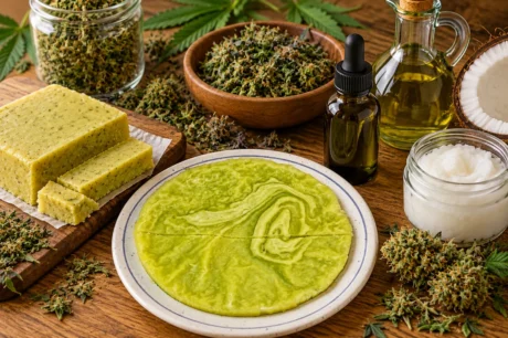 Selbst gemachtes Cannabis-Kokosöl, Cannabutter und Olivenöl-Extrakt in einer Pipettenflasche neben getrockneten Cannabis-Trimmresten