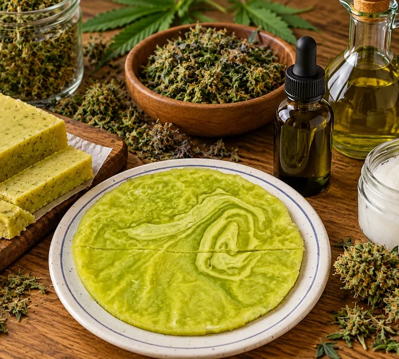 Selbst gemachtes Cannabis-Kokosöl, Cannabutter und Olivenöl-Extrakt in einer Pipettenflasche neben getrockneten Cannabis-Trimmresten