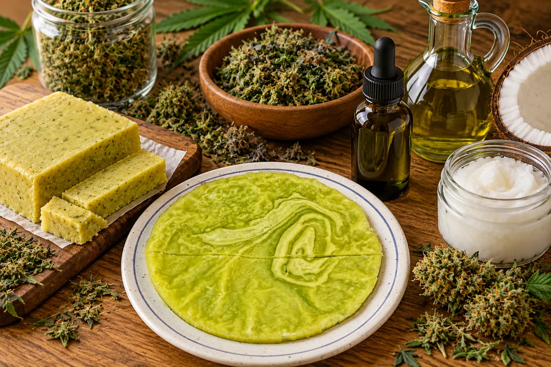 Selbst gemachtes Cannabis-Kokosöl, Cannabutter und Olivenöl-Extrakt in einer Pipettenflasche neben getrockneten Cannabis-Trimmresten
