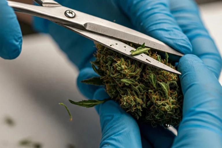 Hände in Handschuhen trimmen sorgfältig mit einer Schere Blätter von einer harzigen Cannabis-Blüte (Bud)