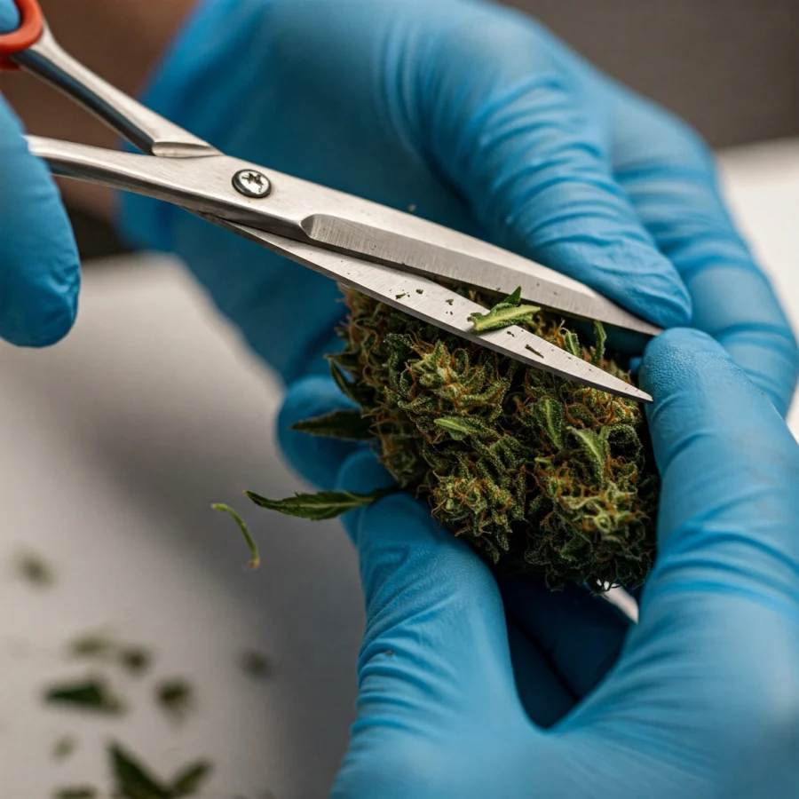 Hände in Handschuhen trimmen sorgfältig mit einer Schere Blätter von einer harzigen Cannabis-Blüte (Bud)