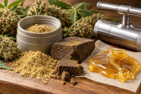 Cannabisblüten, Kief, gepresstes Haschisch und goldfarbenes Rosin mit Zubehör zur Herstellung von Konzentraten