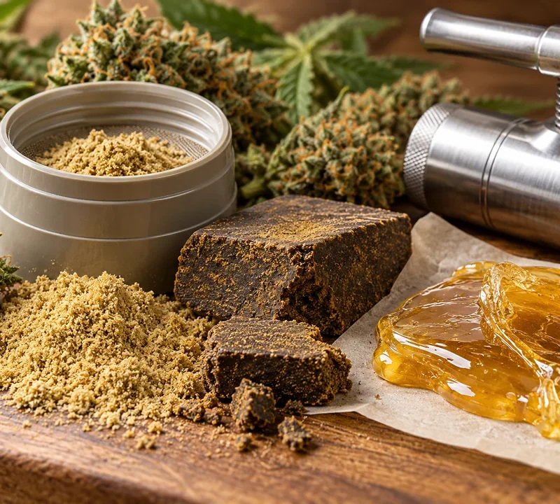 Cannabisblüten, Kief, gepresstes Haschisch und goldfarbenes Rosin mit Zubehör zur Herstellung von Konzentraten