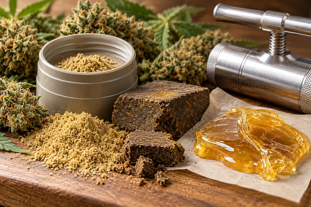 Cannabisblüten, Kief, gepresstes Haschisch und goldfarbenes Rosin mit Zubehör zur Herstellung von Konzentraten
