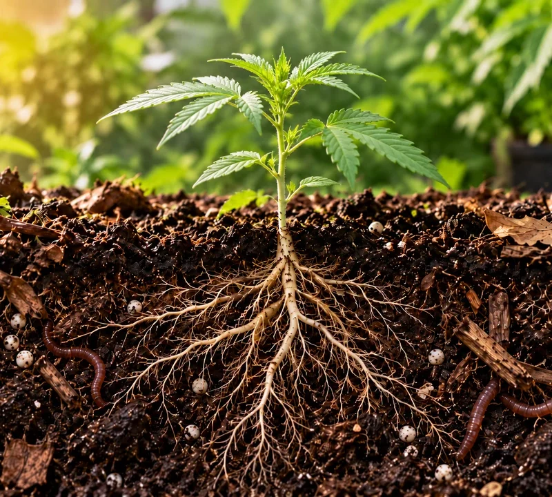 Junge Cannabispflanze in lebendiger Erde mit sichtbarem Wurzelsystem und Bodenorganismen