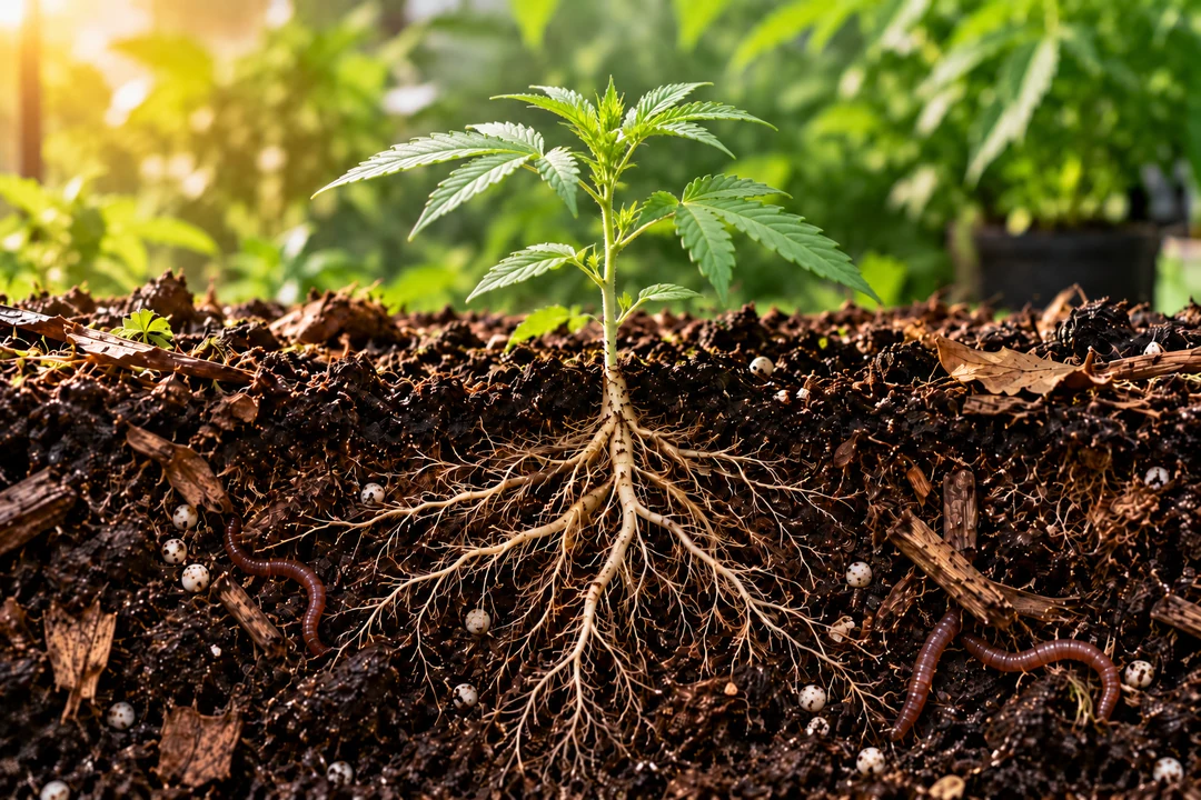 Junge Cannabispflanze in lebendiger Erde mit sichtbarem Wurzelsystem und Bodenorganismen