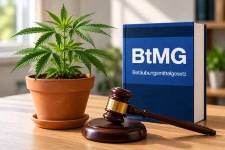 Cannabispflanze neben einem BtMG-Gesetzbuch und Richterhammer als Symbol für die Rechtslage beim privaten Eigenanbau.