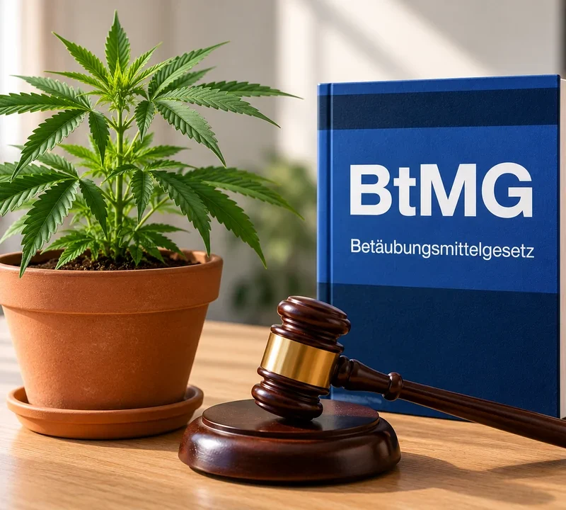Cannabispflanze neben einem BtMG-Gesetzbuch und Richterhammer als Symbol für die Rechtslage beim privaten Eigenanbau.
